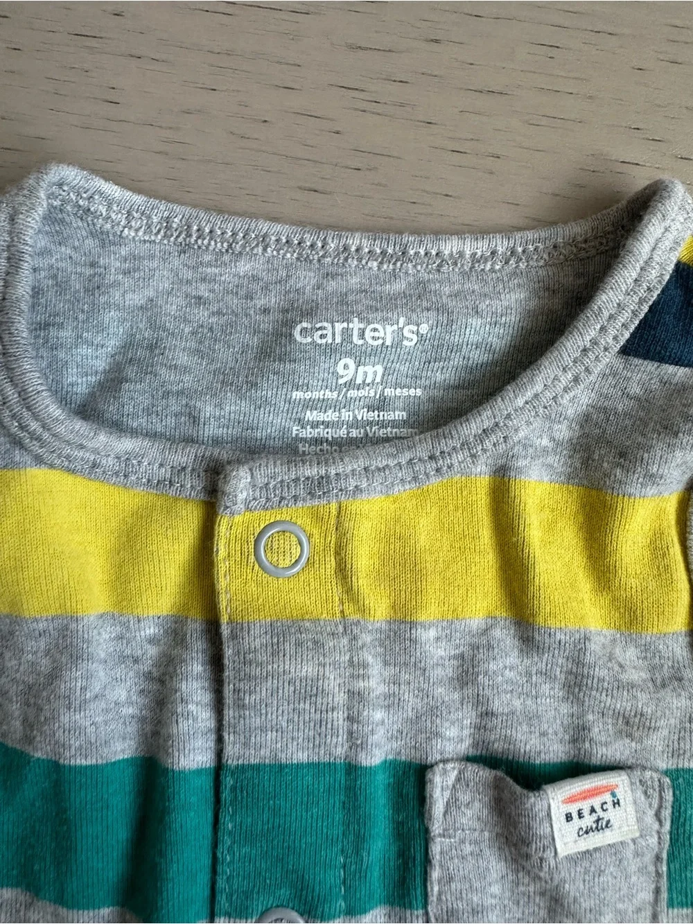 Carter's Gray Striped Sleeveless Romper with Yellow, Teal, Coral, Navy